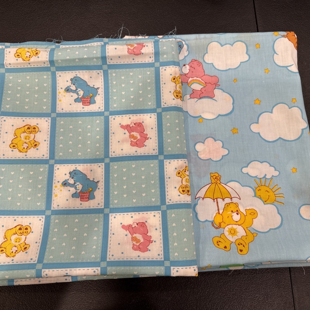 Vtg Care Bears Fabric 1980s Clouds Stars Hearts Blues Both 1.5 Yards Each